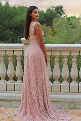 Long A-line V-Neck One Shoulder Sleeveless Formal Prom Dresses with Slit