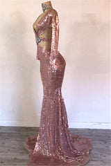 Long Sleeves Mermaid V-neck Sequined Prom Dress with Slit