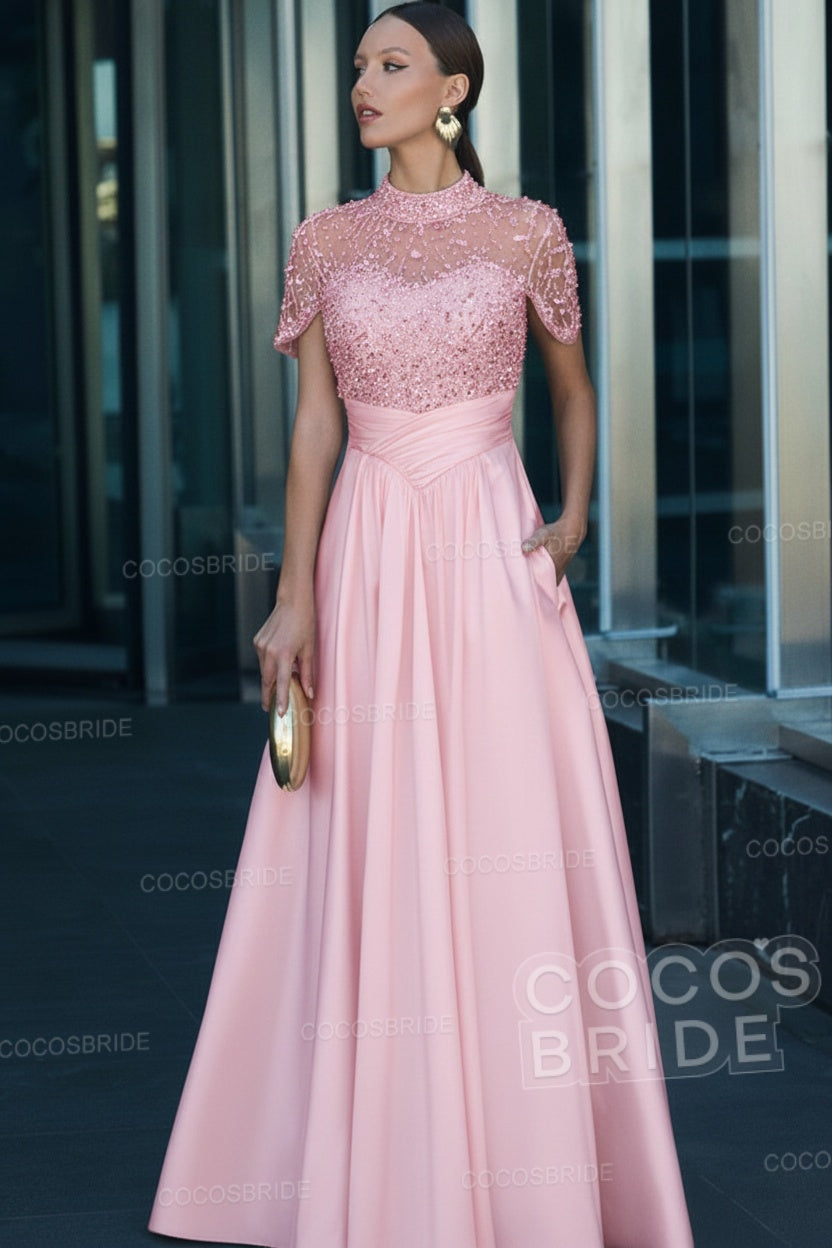 Elegant Illusion Neck Long A-line Formal Evening Dress with Pockets