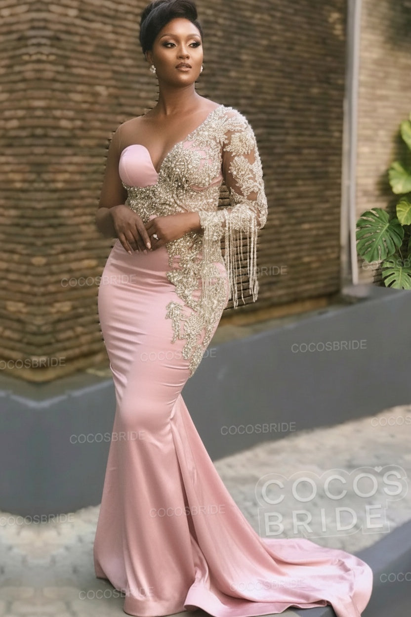 Long Mermaid Appliques One Shoulder Floor Length Formal Evening Dress