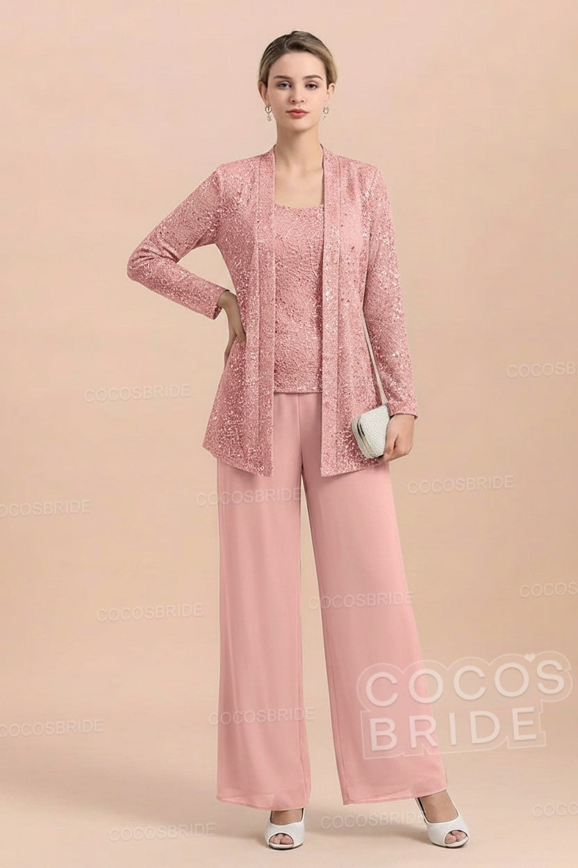 Long Sequined Chiffon Pantsuits for the Mother of the Bride with Jacket