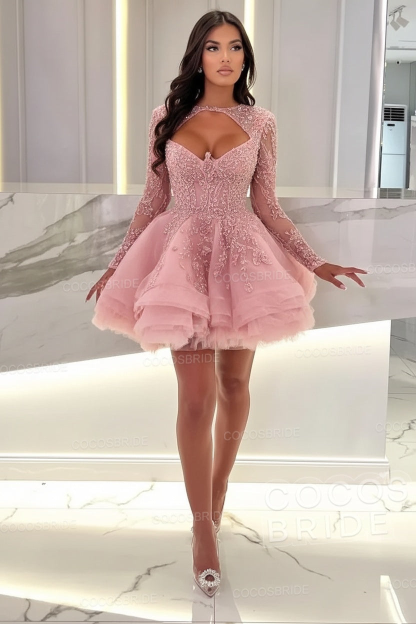 Sexy A-line Sweetheart Tulle Short Beading Party Dress with Long Sleeves