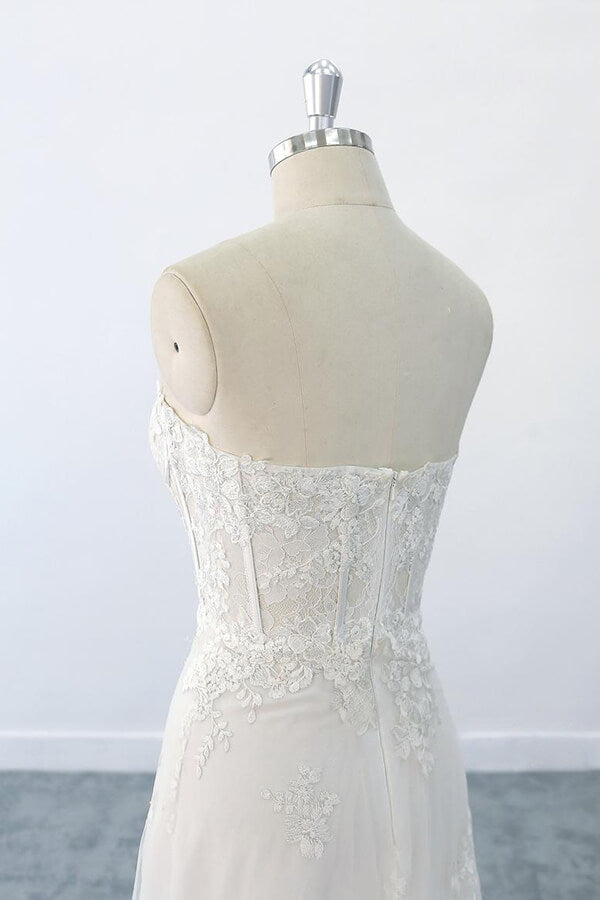 Long Sweetheart Appliques Lace Strapless Tulle Mermaid Wedding Dress