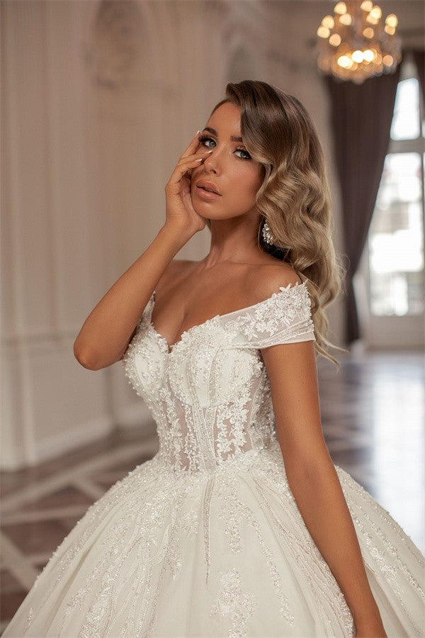 Long Off the Shoulder Organza Chapel Train Ball Gown Wedding Dress