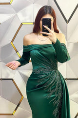 Long Mermaid Off the Shoulder Satin Beading Formal Prom Dresses with Sleeves