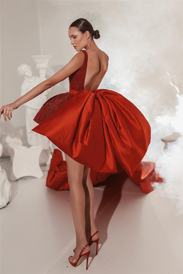 Beautiful Red High Low Square Satin Beading Backless Evening Prom Dress