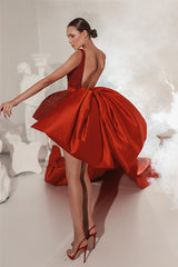 Beautiful Red High Low Square Satin Beading Backless Evening Prom Dress