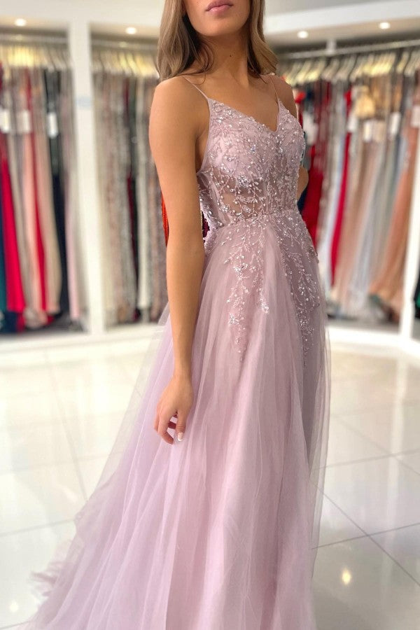 Long A-line V-neck Tulle Beaded Backless Prom Dress with Slit