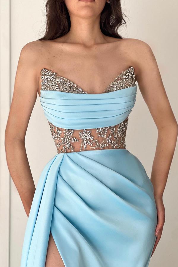 Long Mermaid Sweetheart Satin Beading Formal Prom Dresses with Slit