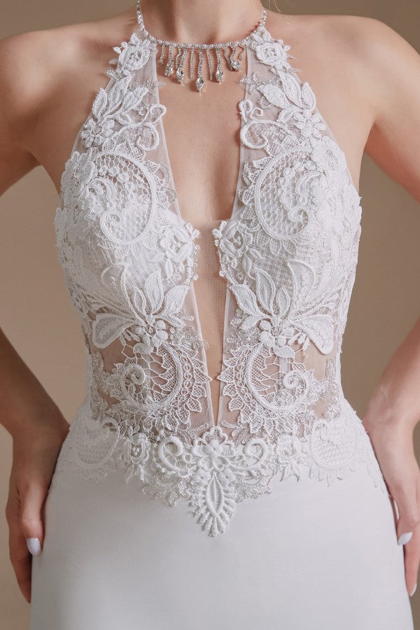 Long Mermaid Halter Backless Satin Wedding Dresses with Appliques Lace