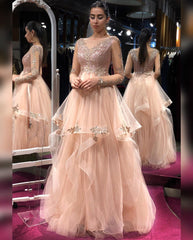 A-line Bateau Long Sequins Tulle Ruffles Backless Prom Dress with Sleeves