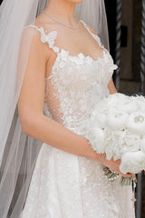 Long Mermaid Spaghetti Straps Lace Floor Length Wedding Dress with Flower