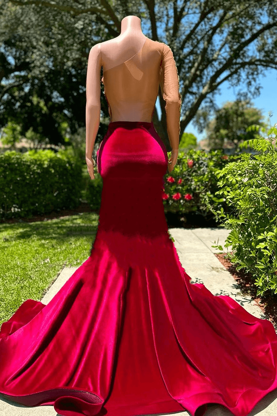 Long Mermaid V-Neck Appliques Lace Backless One Shoulder Velvet Formal Dress