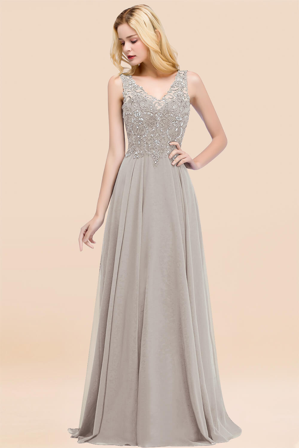 A-line Chiffon Appliques V-neck Sleeveless Floor Length Bridesmaid Dresses with Crystals