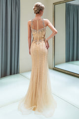 Long Jewel Tulle Beaded Mermaid Formal Evening Dresses