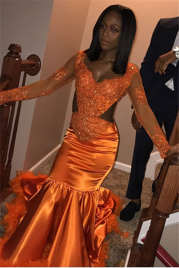 Long Mermaid V-neck Tulle Satin Prom Dress with Sleeves
