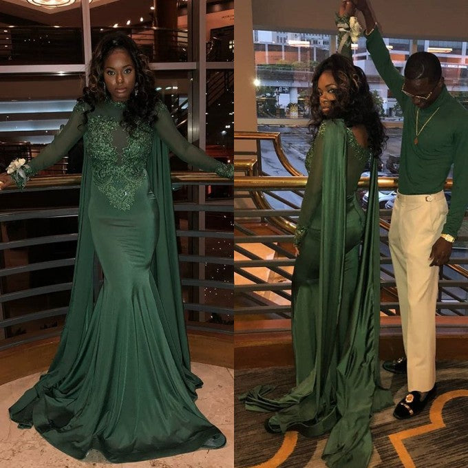 Elegant Long Jewel Satin Mermaid Prom Dress with Sleeves