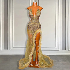 Elegant Long Mermaid Halter Sequin Tulle Prom Dresses with Slit