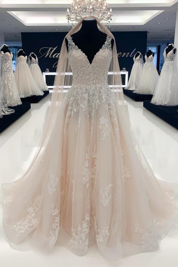 Elegant A-line V-neck Tulle Lace Backless Long Wedding Dresses