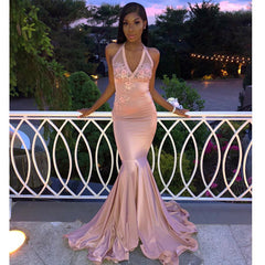 Long Mermaid Halter Satin Appliques Lace Formal Prom Dress