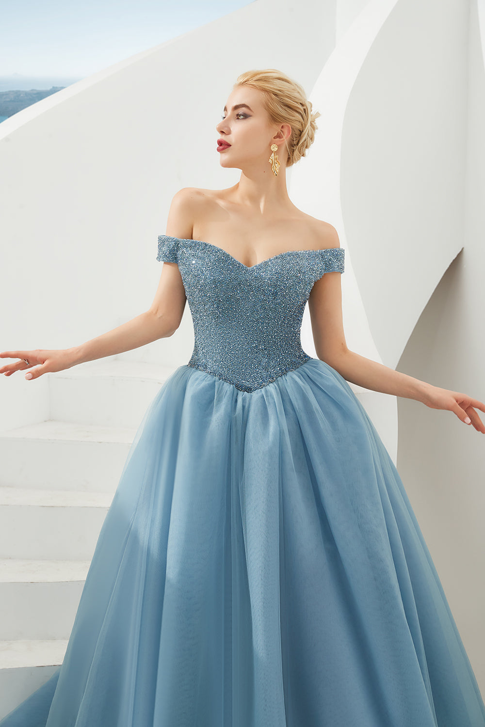 Long A-line Off the Shoulder Tulle Sequin Formal Dresses