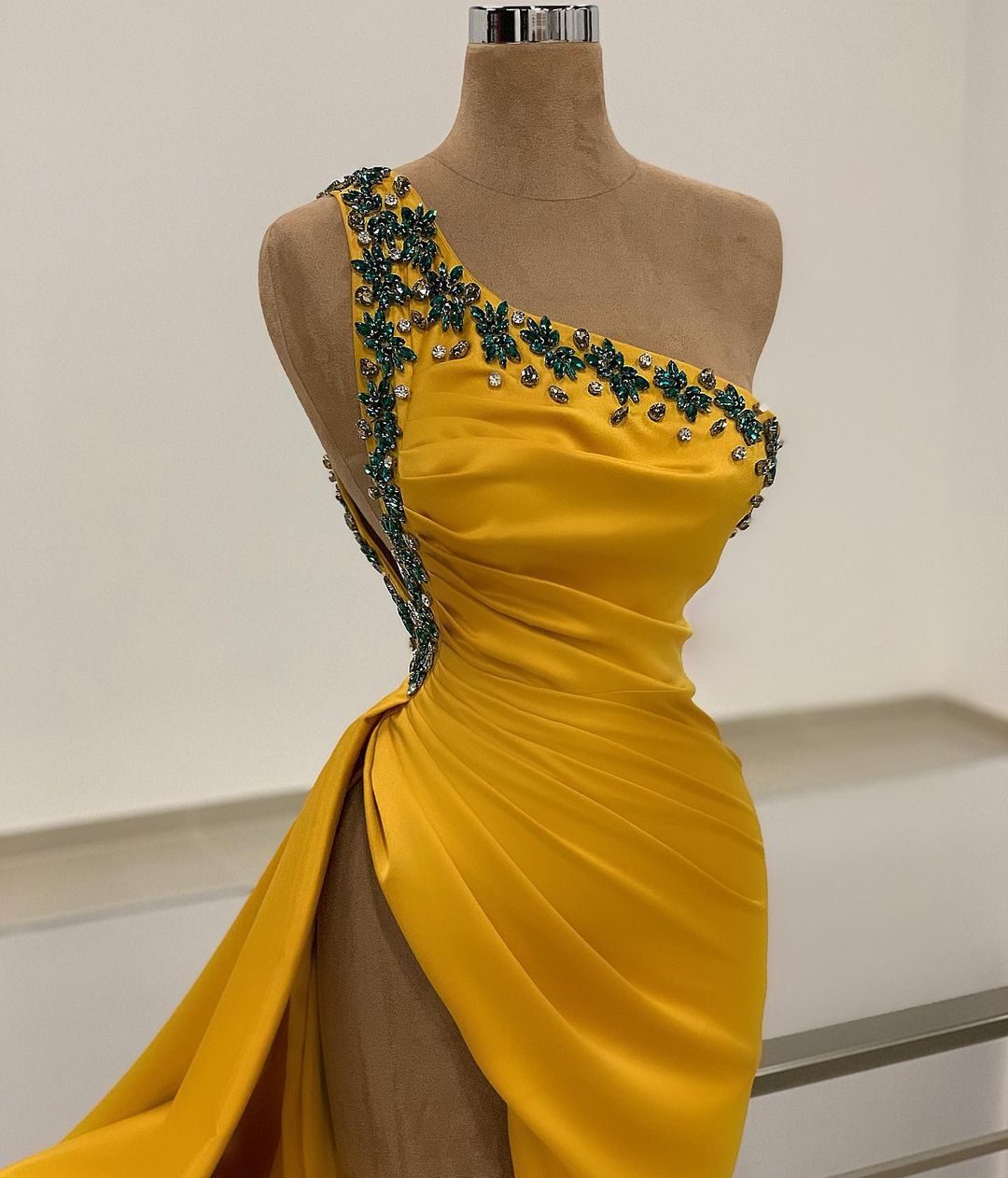 Long One Shoulder Backless Beading Floor Length Ruffles Split Mermaid Prom Dress