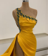 Long One Shoulder Backless Beading Floor Length Ruffles Split Mermaid Prom Dress