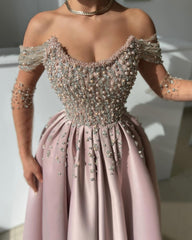 Elegant Long A-line Off the Shoulder Satin Beading Formal Evening Dresses with Slit
