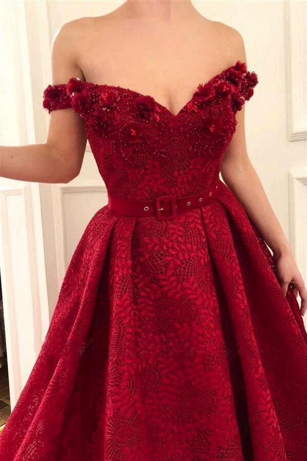 Elegant Long A-line Off the Shoulder Satin Lace Formal Prom Dress