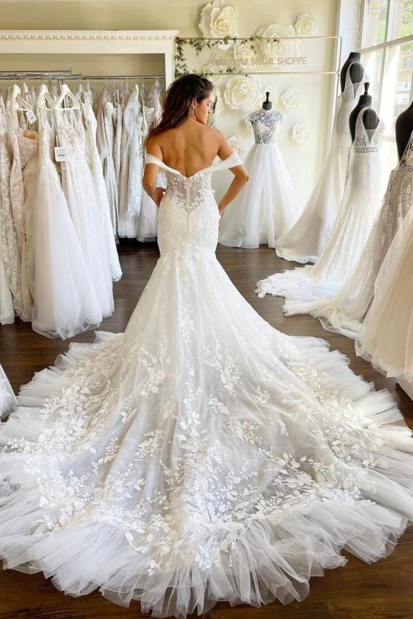 Long Mermaid Off the Shoulder Sweetheart Tulle Lace Wedding Dress