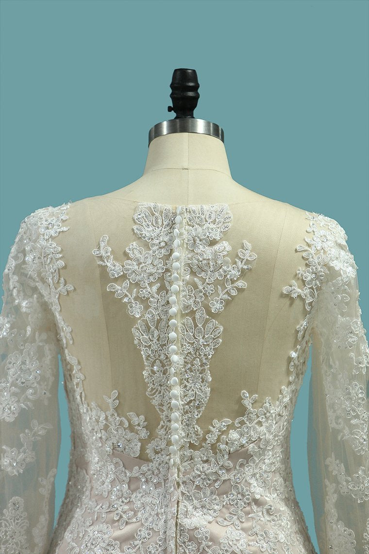 Plus Size Long Sleeve Bateau Floor Length Mermaid Wedding Dress With Appliques Lace