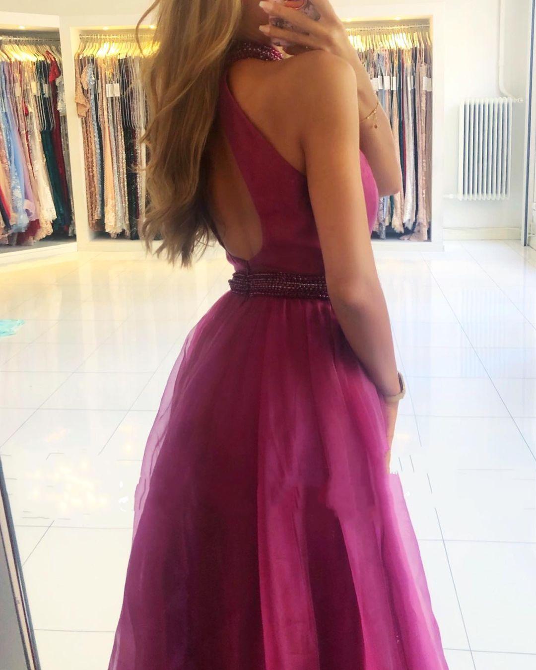Elegant Long Halter A-Line Floor Length Tulle Prom Dress With Split