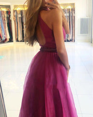 Elegant Long Halter A-Line Floor Length Tulle Prom Dress With Split