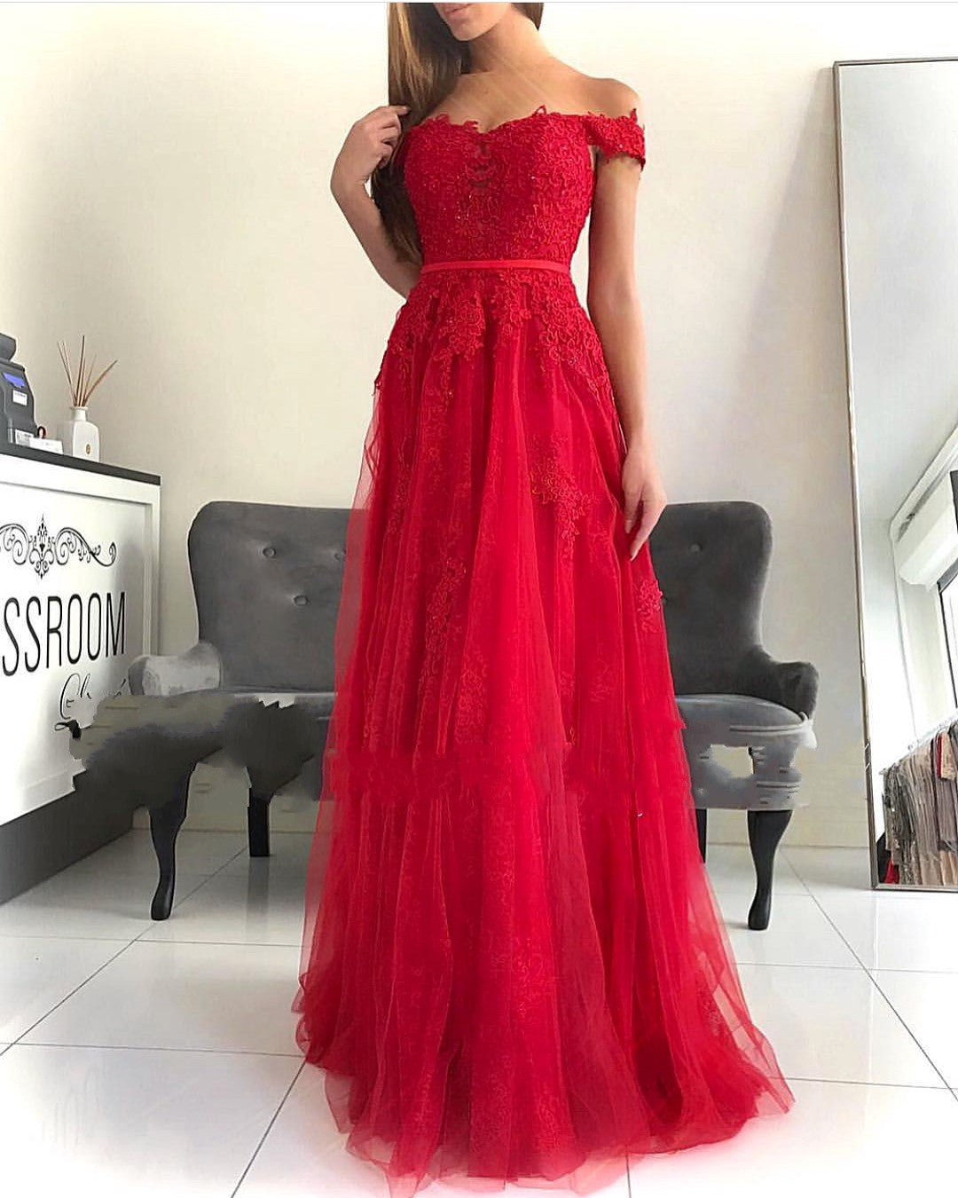 Long Off the Shoulder Lace A-line Ruffles Floor Length Prom Dress