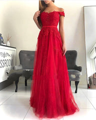 Long Off the Shoulder Lace A-line Ruffles Floor Length Prom Dress