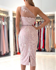 Simple Short Mermaid One Shoulder Floral Lace Slim Formal Party Dress