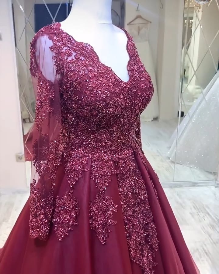A-line V-neck Appliques Lace Long Tulle Ruffles Prom Dress with Sleeves