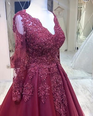 A-line V-neck Appliques Lace Long Tulle Ruffles Prom Dress with Sleeves