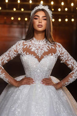 High Neck Long Sleeve Ball Gown Tulle Floor Length Wedding Dress with Appliques Lace