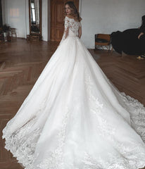 Long Off the Shoulder Ball Gown Lace Tulle Wedding Dresses with Long Sleeves