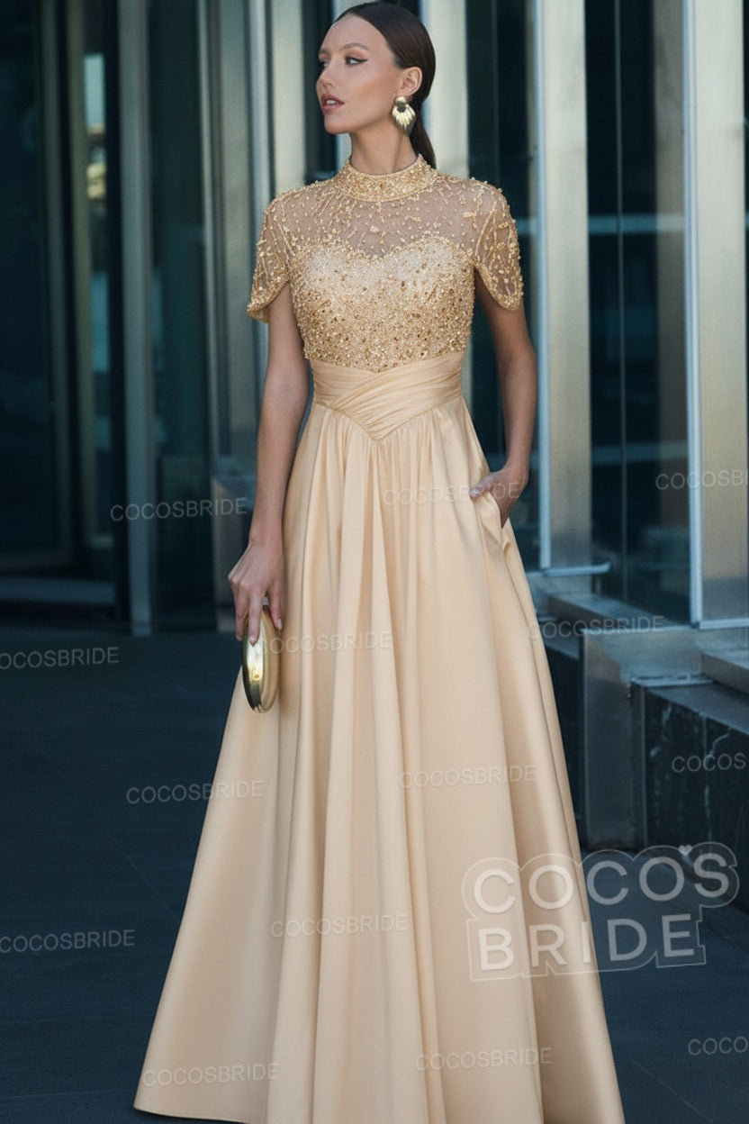Elegant Illusion Neck Long A-line Formal Evening Dress with Pockets