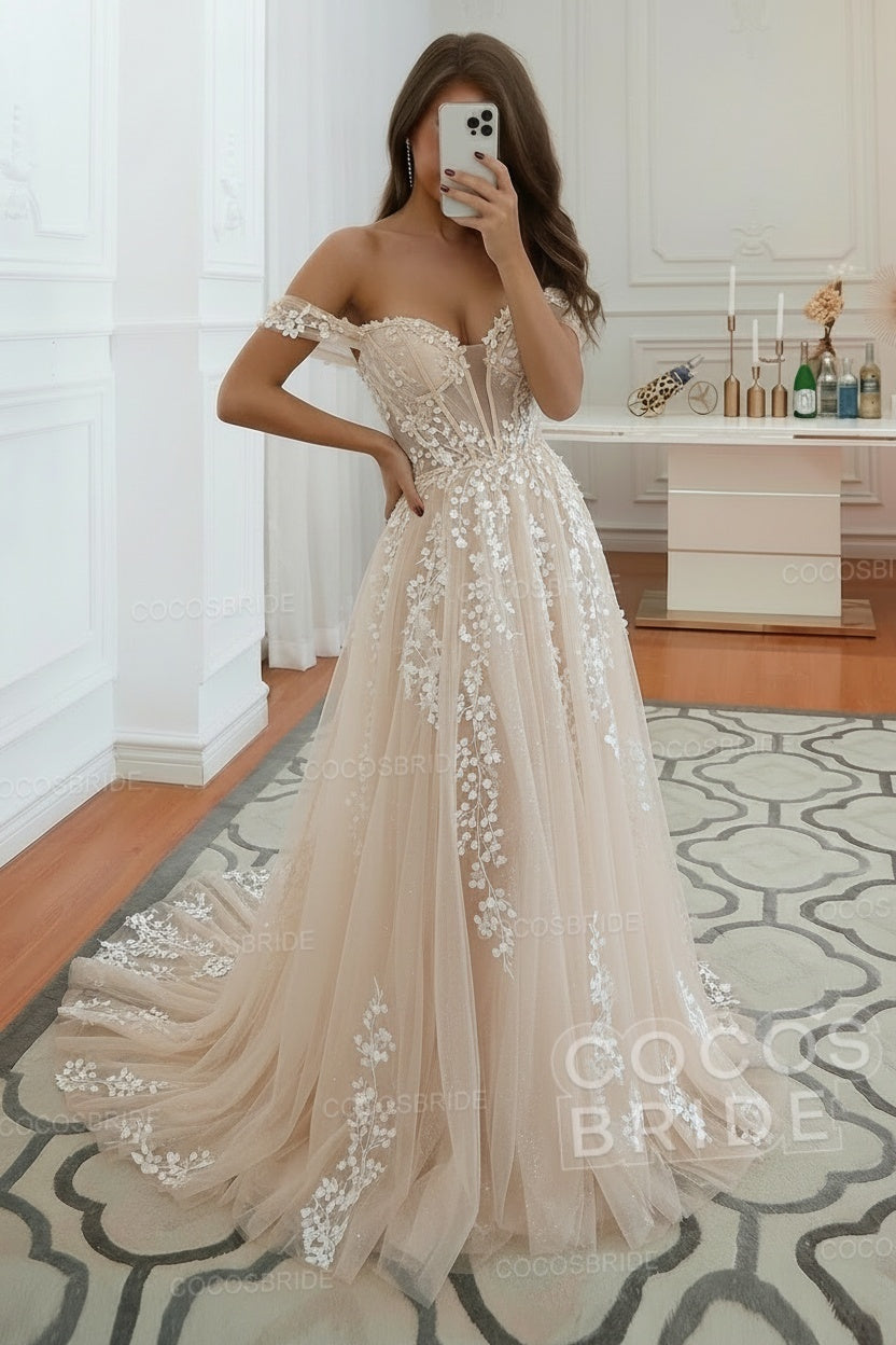Long A-line Tulle Lace Off the Shoulder Wedding Dress