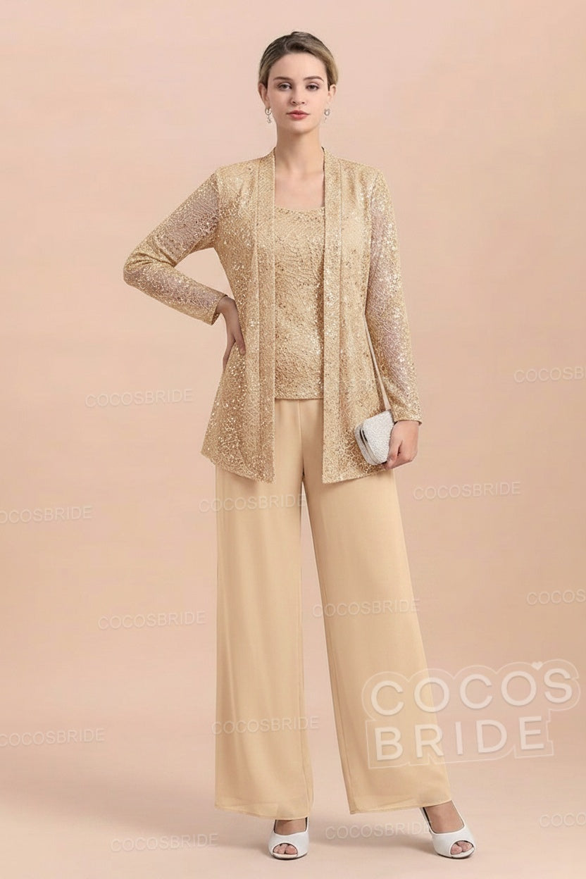 Long Sequined Chiffon Pantsuits for the Mother of the Bride with Jacket