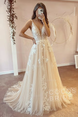 Long V-neck A-Line Floor Length Tulle Floral Lace Wedding Dress
