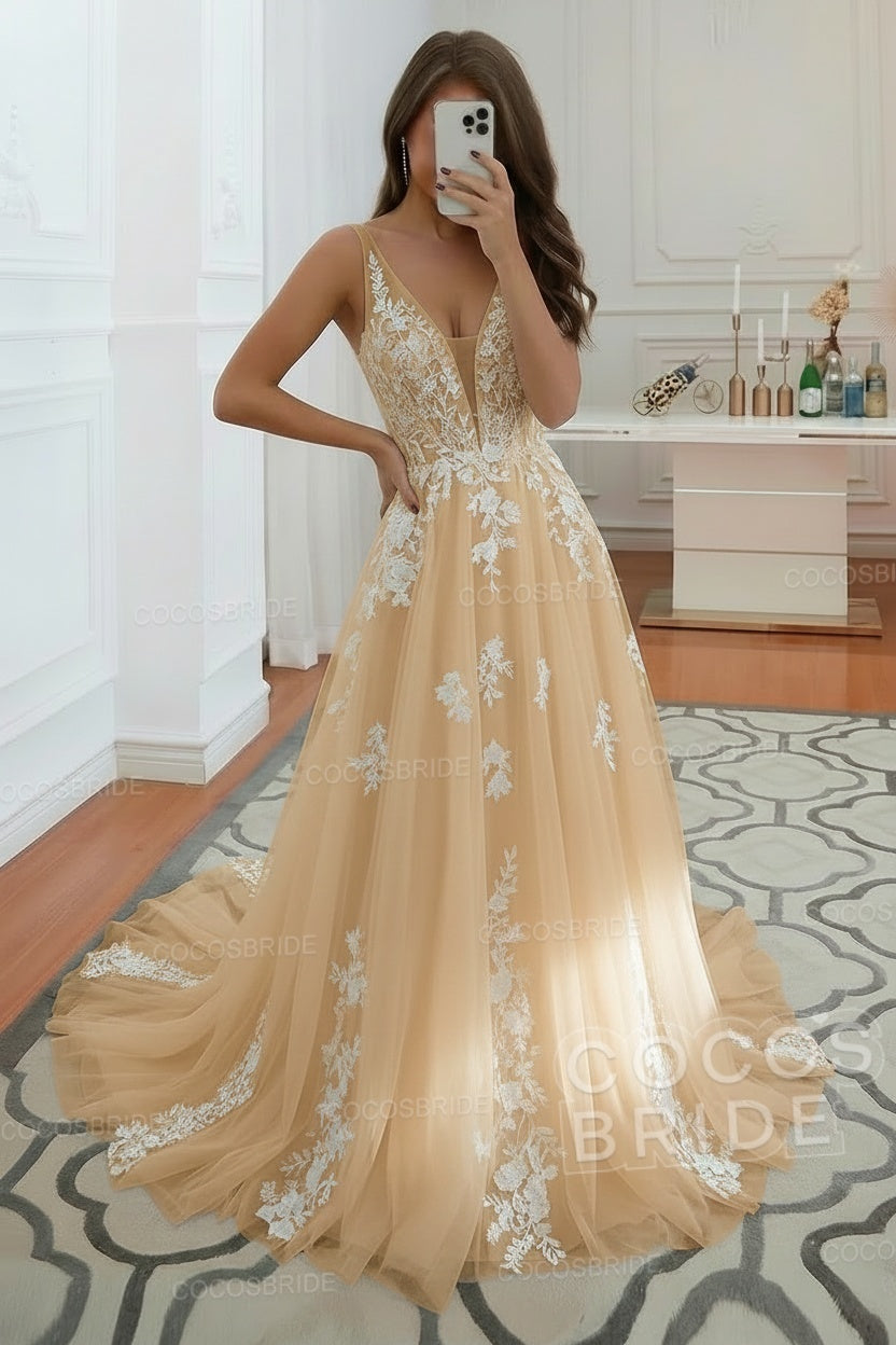 Long V-neck A-Line Floor Length Tulle Wedding Dress With Floral Lace
