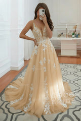 Long V-neck A-Line Floor Length Tulle Wedding Dress With Floral Lace