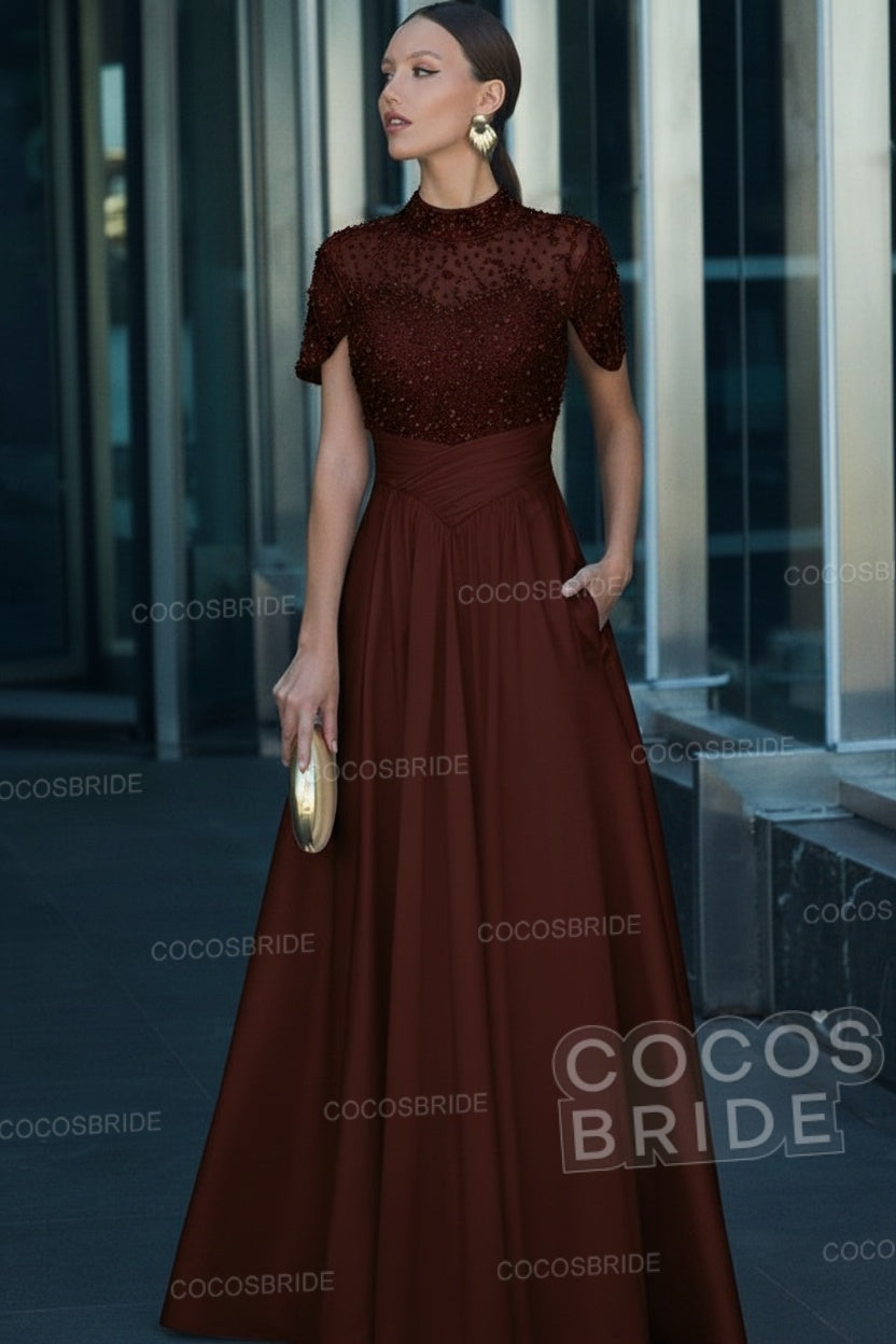 Elegant Illusion Neck Long A-line Formal Evening Dress with Pockets