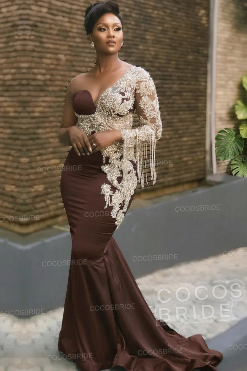 Long Mermaid Appliques One Shoulder Floor Length Formal Evening Dress