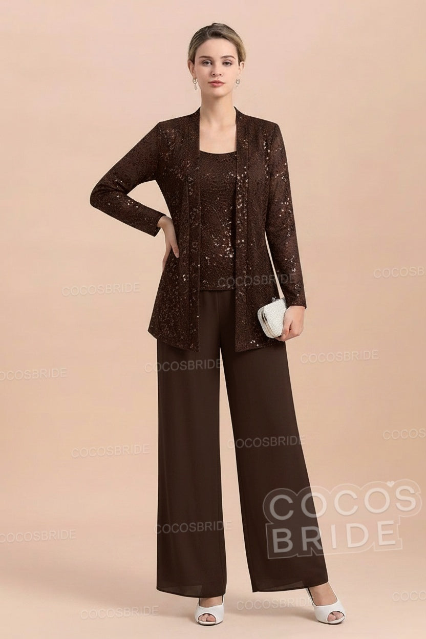 Long Sequined Chiffon Pantsuits for the Mother of the Bride with Jacket