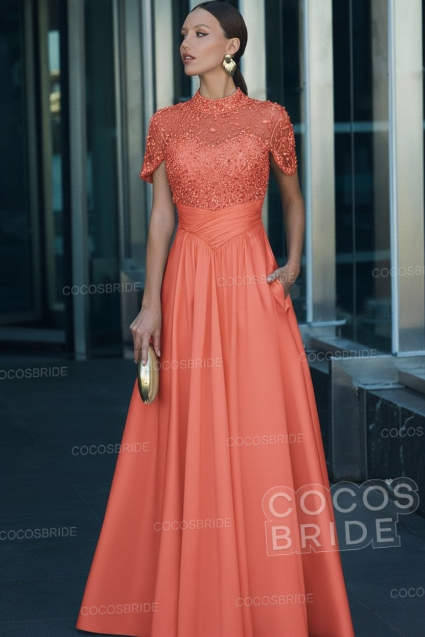 Elegant Illusion Neck Long A-line Formal Evening Dress with Pockets